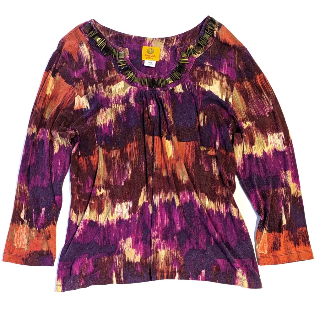 Ruby Rd Petite Purple Orange Abstract Embellished Neck Long Sleeve Top PM